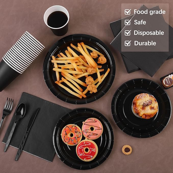 durony 350 Pieces Black Paper Dinnerware Set 7 Inch 9 Inch Disposable Dinner Plates Serve 50 Guests Paper Cup Cutlery Napkins Solid Color Party Supplies for Birthday Wedding Party Family Picnic - Image 4
