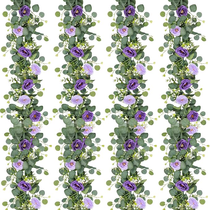 TOCHGREEN 4 Pack Artificial Eucalyptus Flower Garland with Purple Roses | Fake Rose Flower Greenery Garland Floral Vines for Wedding Aisle Centerpiece Backdrop Home Party Table Runner Decor by TOCHGREEN