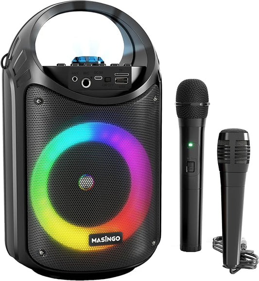 MASINGO Karaoke Machine for Kids and Adults with 1 Wireless Karaoke Microphone and 1 Wired Mic, PA Portable Speaker with LED Lights, Supports TF Card/USB, AUX/MIC in, TWS for Home Party, Burletta C10