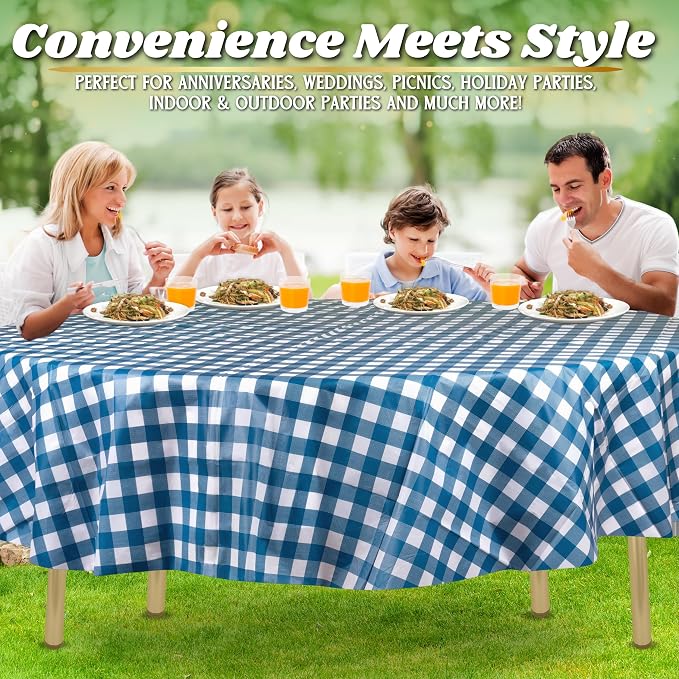 ZIMPLEWARE Blue Gingham Checkered 72 Pack Standard Disposable Plastic Party Picnic Tablecloth 84 Inch. x 84 Inch. Round Table Cover - Image 6