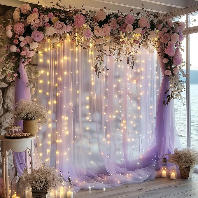 Fomcet Tulle Backdrop Curtains with Lights Lavender 10x8ft Sheer Curtain | Tulle Curtains Backdrop Sheer Backdrop Curtains for Parties, Wedding Birthday Baby Shower Photo Shoot Decors(2 Panels 5x8ft) - Image 6
