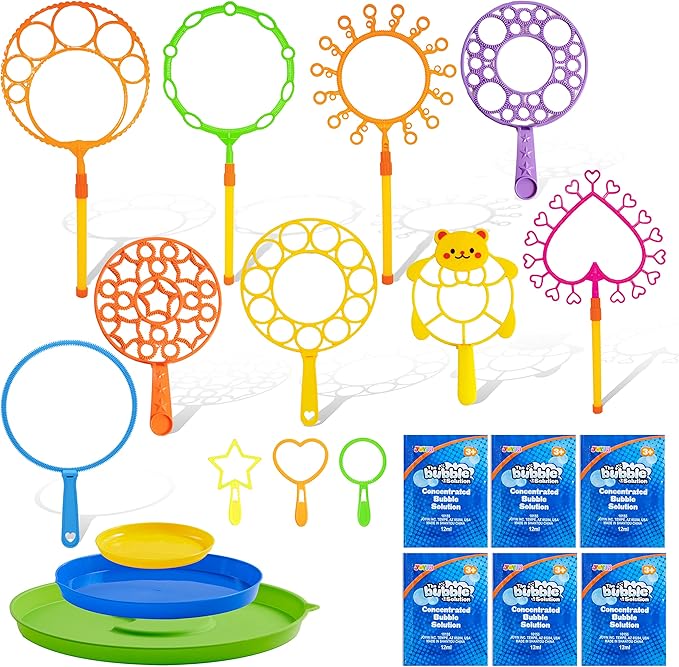 JOYIN Big Bubble Wands Set with with Tray, 21" Giant Bubble Wands Bulk for Kids, Summer, Outdoor Play Period & Birthday Party & Games, 6 Pcs Solution Suitable, Suitable for All Age People