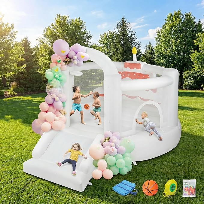 (2025 New) JOYMOR Bounce House for Kids (12FTx10FTx7.2FT) with Slide, Balloons, Spacious Bouncer, White Bounce House for Kids Birthday Party w/Blower 30s Set-up, Portable Bag (Cake)