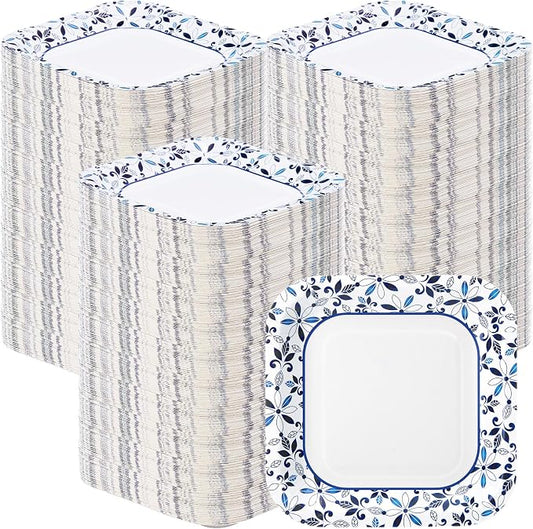 FillTouch 200 Pack 7 Inch Disposable Paper Plates for Everyday Use Soak Proof Heavy Duty Small Paper Plates for Dinner Picnic, Cut Proof Plate for Holiday Party Family Gatherings (Square Blue Leaves) by FillTouch