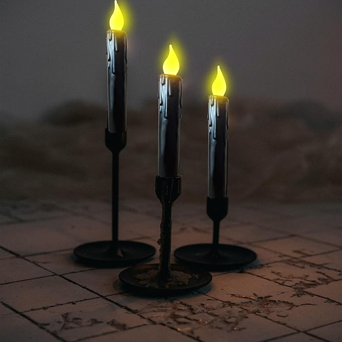 LINCOUNTRY.Primitive Wax Black Flameless Taper Candles Flickering Led Dripped Battery Operated Taper Candles with Timer,6.75 Inch 3D Wick, Christmas Home Halloween Fireplace Decor
