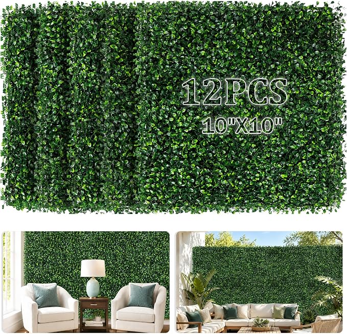 Artificial Grass Wall Panels, 10"X10" 12P(8.4 sqft) UV-Anti Artificial Boxwood Hedge Wall Panels, Faux Greenery Privacy Fence Screen for Backyard, Garden, Balcony, Patio Indoor Outdoor Backdrop Decor by Unknown