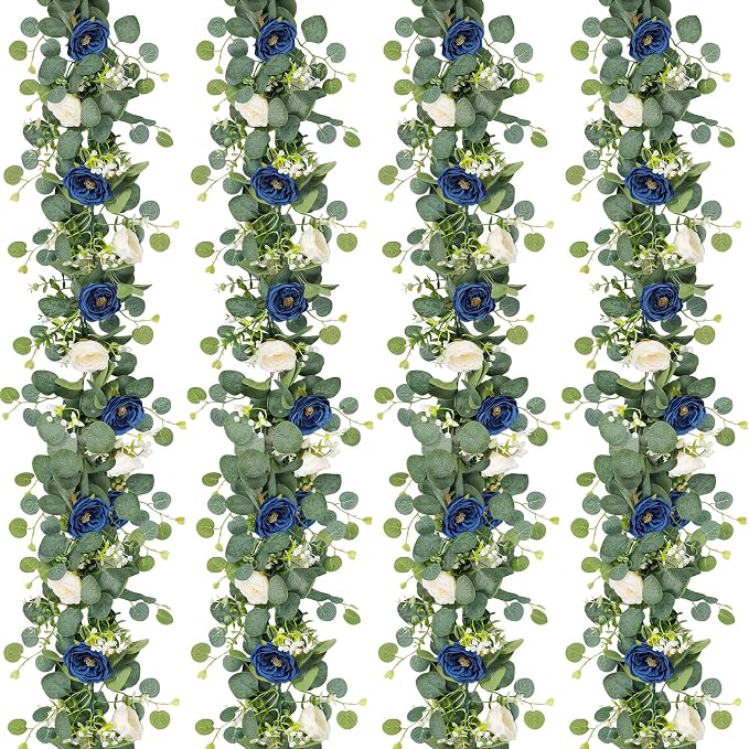 TOCHGREEN 4 Pack Artificial Eucalyptus Flower Garland with White Blue Roses | Fake Rose Flower Greenery Garland Floral Vines for Wedding Centerpiece Backdrop Home Party Table Runner Decor by TOCHGREEN