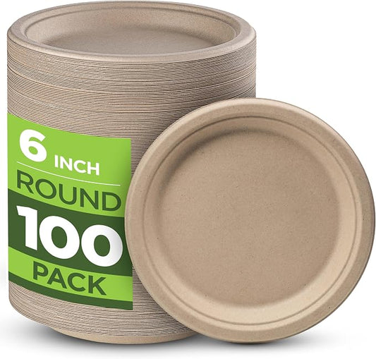 100% Compostable Paper Plates 100 Pack, 6 Inch Brown Round Heavy Duty | Biodegradable Microwavable Disposable Dessert Plates, Made of Eco-Friendly, Natural Unbleached Sugarcane Bagasse by Munfix