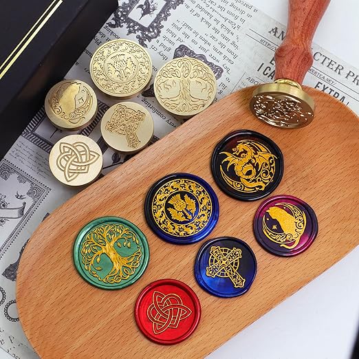 SWANGSA Celtic Wax Seal Stamp Gift Box Set, Vintage 6 Sealing Heads + 1 Wooden Hilt, Wax Stamp Kit for Party Invitations, Envelopes, Cards and Gift Packaging