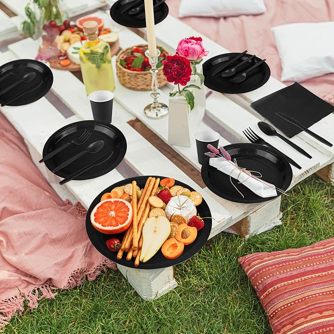 durony 350 Pieces Black Paper Dinnerware Set 7 Inch 9 Inch Disposable Dinner Plates Serve 50 Guests Paper Cup Cutlery Napkins Solid Color Party Supplies for Birthday Wedding Party Family Picnic - Image 5