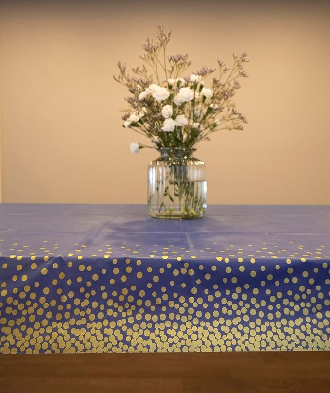 Neatiffy Disposable Plastic Table Cloth Roll with Slide Cutter | Waterproof Cover for Rectangle, Square, Oval Tables | Picnic, Party, Banquet, Birthdays, Weddings - Blue with Gold Dots - Image 9