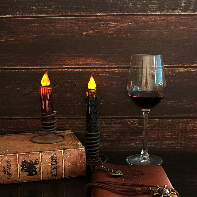 CVHOMEDECO. Real Wax Hand Dipped Battery Operated LED Timer Taper Candles Country Primitive Flameless Lights Décor, 4-3/4 Inch, Burgundy, 2 PCS in a Package