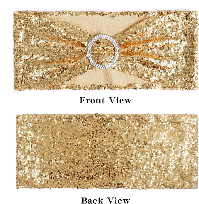 ANMINY Spandex Sequin Chair Sashes with Bows, Light Gold, Pack of 200 - Image 3