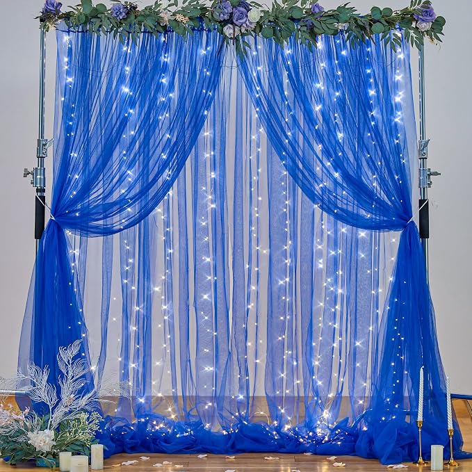 Royal Blue Backdrop Curtains with Lights String for Parites Wedding 10×8ft Sheer Tulle Backdrop Curtain for Graduation Ceremony Baby Shower Birthday Party Prom Photo Shoot Background Decorations - Image 2