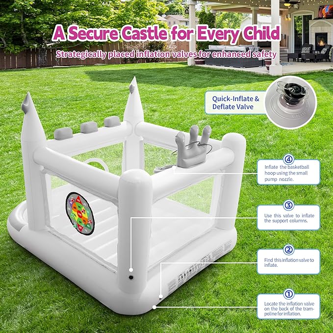 Inflatable Bounce House for Kids Ages 3-8, 5 in 1 Small Bouncy Castle Outdoor, Jumper, Ball Pit, Basketball Hoop, Rings, Target Game Pump Included, White