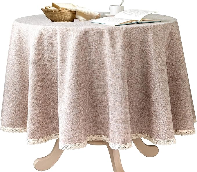 Linen Rustic Burlap Washable Tablecloth,Solid Heavy Weight 70 Inch Round Overlay Lace Edge Table Cover for Kitchen Dinning Decoration