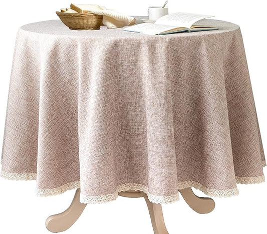 Linen Rustic Burlap Washable Tablecloth,Solid Heavy Weight 70 Inch Round Overlay Lace Edge Table Cover for Kitchen Dinning Decoration