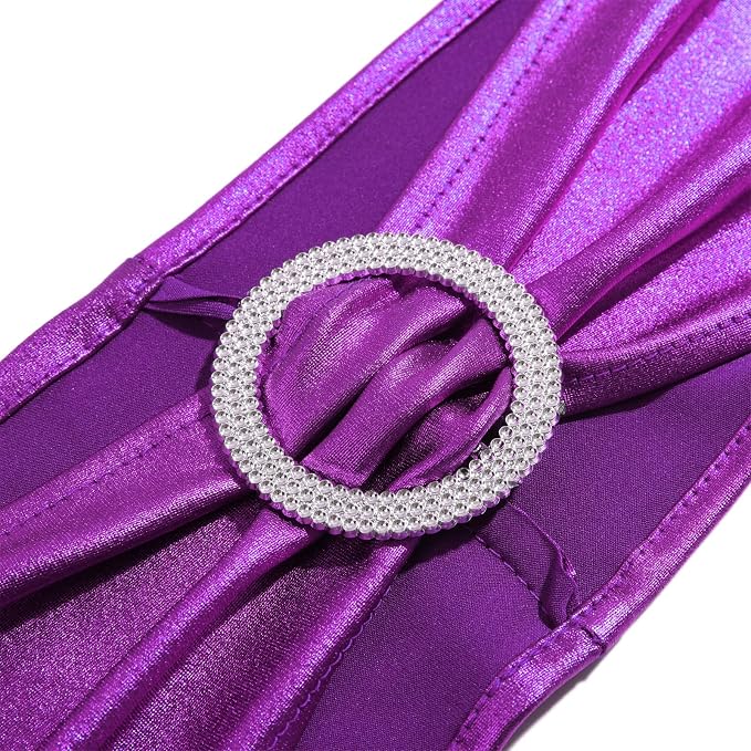 Dimatic 25 PCS Spandex Stretch Chair Sashes Bow Elastic Chair Cover Bands with Buckle Slider for Wedding, Banquet, Party, Hotel Event Decorations - Purple - Image 2