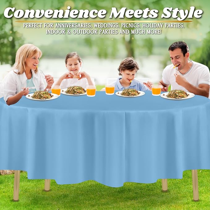 ZIMPLEWARE Sky Blue Standard Disposable Plastic Party Tablecloth [Case of 72] 84 x 84” Round Table Cover for Indoor & Outdoor Use - Image 6