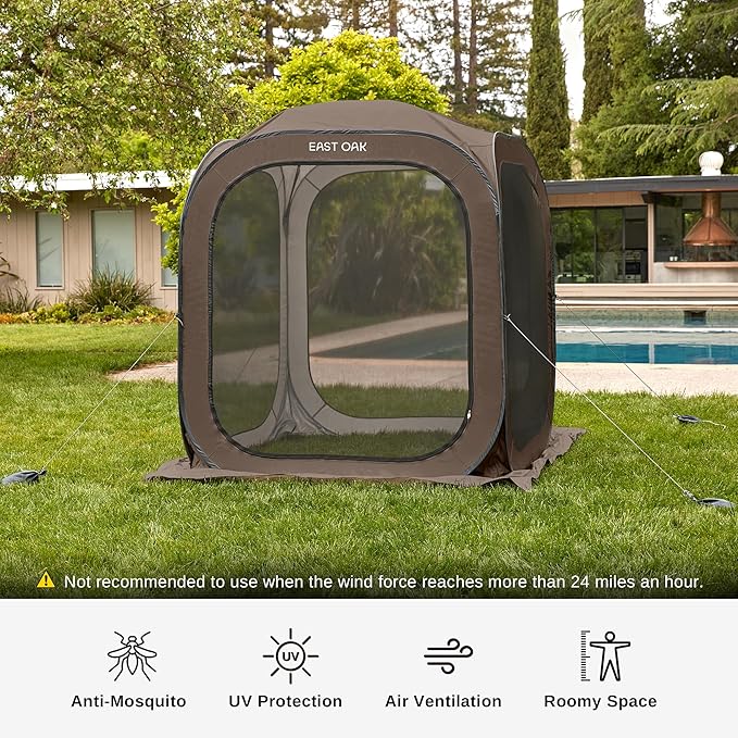 East Oak Screen House Tent Pop-Up, Portable Screen Room Canopy Instant Screen Tent 6 x 6 FT with Carry Bag for Patio, Backyard, Deck & Outdoor Activities, Brown