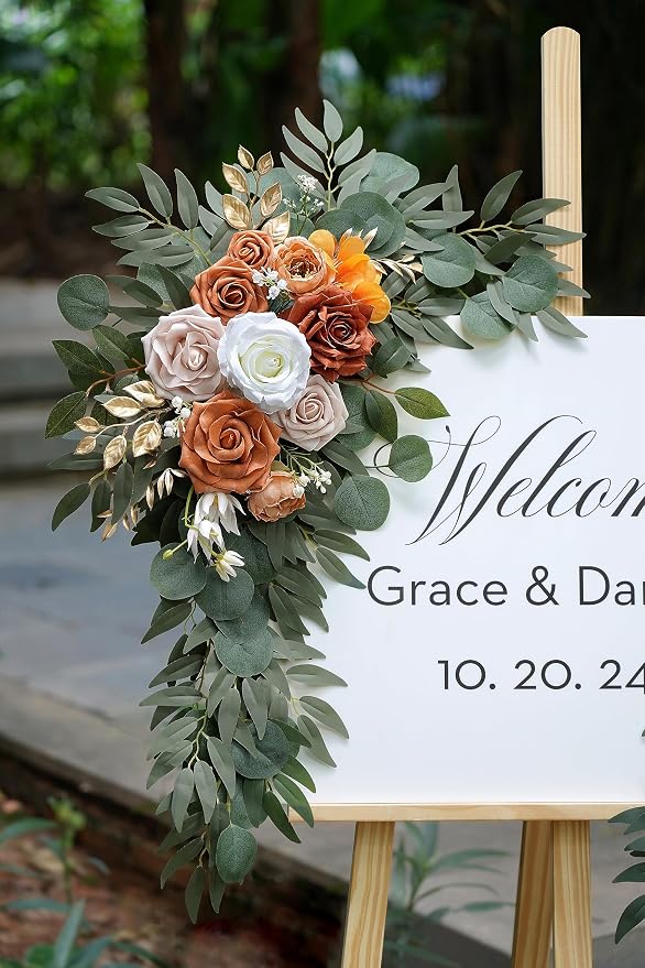 Olalaka Artificial Flower Swag Set of 2 for Wedding Welcome Signs Floral Decorations, Burnt Orange Wedding Arch Flowers for Wedding Ceremony - Image 4