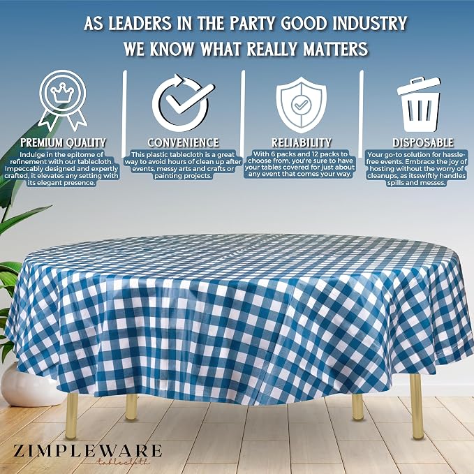 ZIMPLEWARE Blue Gingham Checkered 72 Pack Standard Disposable Plastic Party Picnic Tablecloth 84 Inch. x 84 Inch. Round Table Cover - Image 4