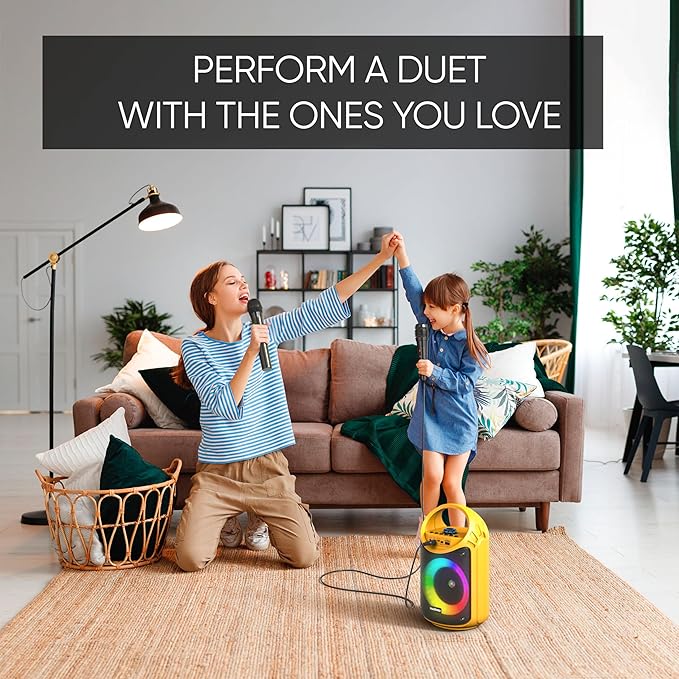 MASINGO Karaoke Machine for Kids and Adults with 1 Wireless Karaoke Microphone and 1 Wired Mic, PA Portable Speaker with LED Lights, Supports TF Card/USB, AUX/MIC in, TWS for Home Party, Burletta C10