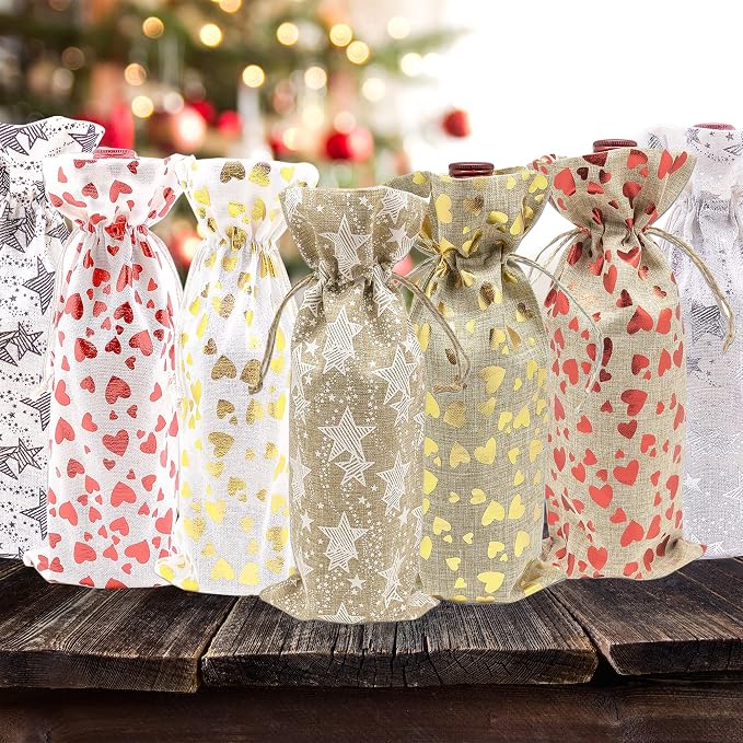 48-pack Muslin Cotton Canvas Wine Bottle Gift Bags w. Drawstring (Red Stars, 6" x 14") - for Storage, Holiday Parties, Promotional Events by The Display Guys - Image 7
