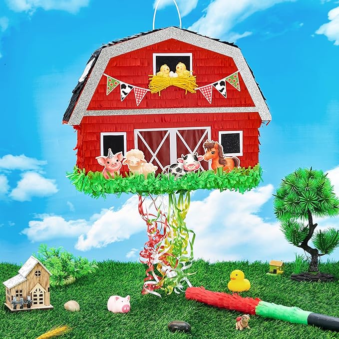 WERNNSAI Red Farm Animal Piñata - Farm Baby Shower Decorations Animal Pinata Party Game for Kids Birthday Celebrations Milk Farm Party Favor Supply with Bat Blindfold