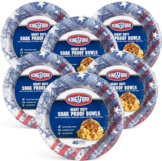 Kingsford Heavy Duty Paper Bowls, Americana Design, 16 Oz, 40 Count, 6-Pack | Soak-proof, microwave-safe design, for BBQ, picnics, parties, and summer holidays, sturdy daily build by Kingsford