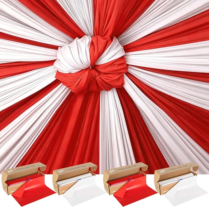 4 Rolls 100FT x 54IN Circus Plastic Tablecloth Roll with Slide Cutter Box | Heavy Duty White & Red Solid Color Disposable Table Cover Wall Backdrop, Cut-to-size for Halloween, Carnival & Party Buffets by Unknown