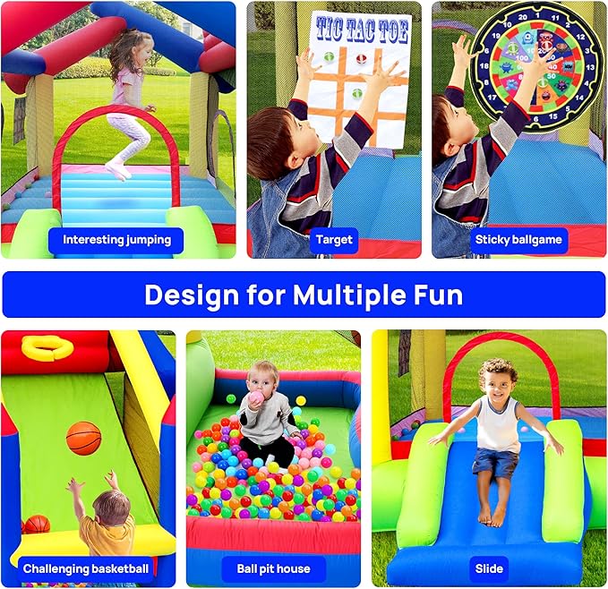 Inflatable Bounce House with Slide, Jumping Castle with Blower and Ball Pool, Basketball Game, Dart Target Game