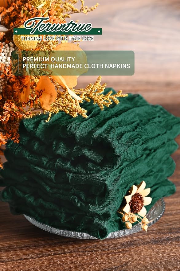84 Packs Gauze Cheesecloth Napkins 20 x 20 Inch Emerald Green Wrinkled Dinner Napkins, Dark Green Rustic Boho Soft Cloth Napkin for Wedding Party Event Dinner Table Decoration - Image 5