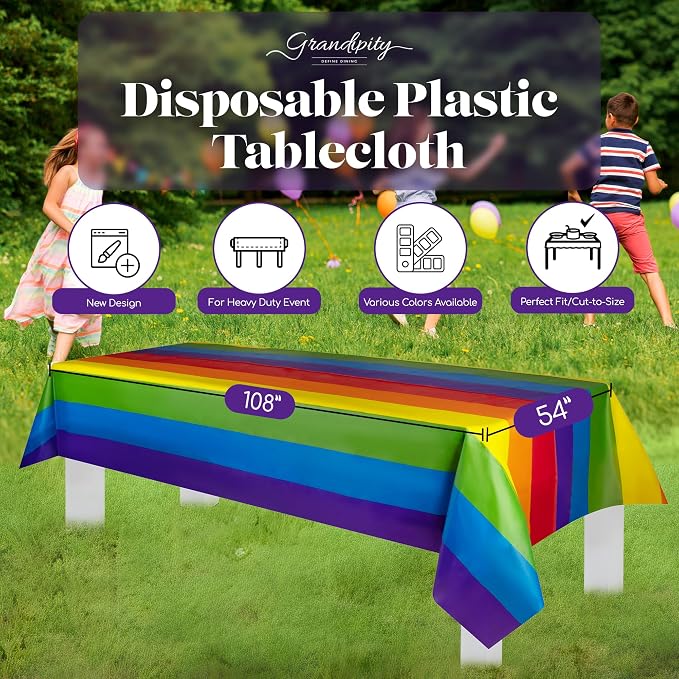 Grandipity Carnival Pride Rainbow Banner Theme 72 Pack Premium Disposable Plastic Tablecloth 54 Inch. x 108 Inch. Decorative Rectangle Table Cover - Image 2