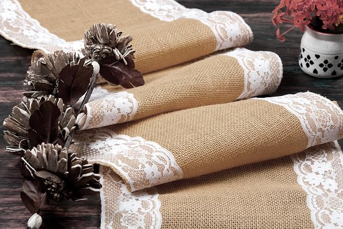 MDS 10 PCS 100% Natural Burlap Table Runners 12" x 108" with Lace, Rustic Farmhouse Country Vintage Boho Jute Runner for Wedding Reception Birthday Party Home Kitchen Dining Coffee Table Decoration - Image 6