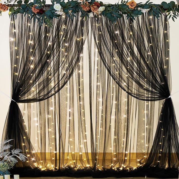 Black Sheer Backdrop Curtains with Lights String for Parties Birthday 10ft × 8ft Black Tulle Backdrop Curtain for Baby Shower Wedding Graduation Halloween Party Photo Shoot Decorations - Image 5