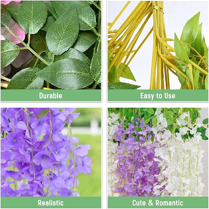 BLEUM CADE 20Pcs White & Purple Fake Wisteria Hanging Flowers | 3.6Ft/Pcs Artificial Wisteria Garland, Hanging Flowers for Wedding Party Home Backdrop Wall Decoration - Image 3