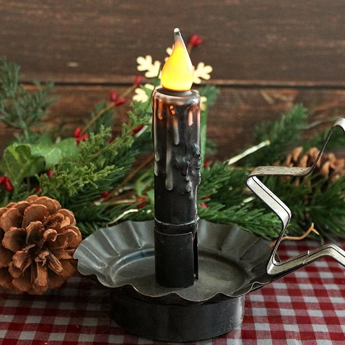 CVHOMEDECO. Real Wax Hand Dipped Battery Operated LED Timer Taper Candles Country Primitive Flameless Lights Décor, 4-3/4 Inch, Matt Black, 3 PCS in a Package