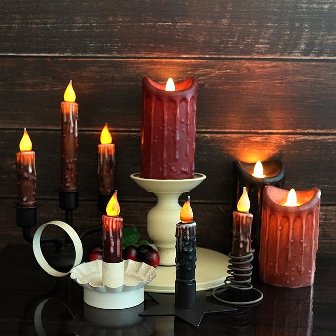 CVHOMEDECO. Real Wax Hand Dipped Battery Operated LED Timer Taper Candles Rustic Primitive Flameless Lights Décor, 4-3/4 Inch, Coffee, 6 PCS in a Package