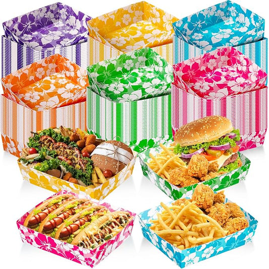 Nitial 120 Pcs Hibiscus Party Paper Food Trays 5 lb Disposable Luau Party Food Boats Hawaiian Themed Decorations Hawaiian Tray for Hibiscus Tropical Theme Supplies by Nitial