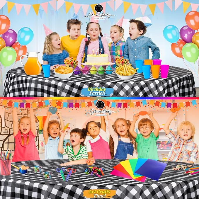 Grandipity Black Checkered Gingham 72 Pack Premium Disposable Plastic Tablecloth 84" Inch Decorative Round Checkered Racing Flag Table Cover - Image 4