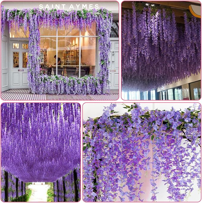 Alotiki Purple Wisteria Hanging Flowers,150 Pack Fake Hanging Flowers | Artificial Flowers for Outdoors, Fake Flowers Garland for Backdrop, Home Garden Wedding Decor, Wisteria Garland Wedding Arch - Image 4