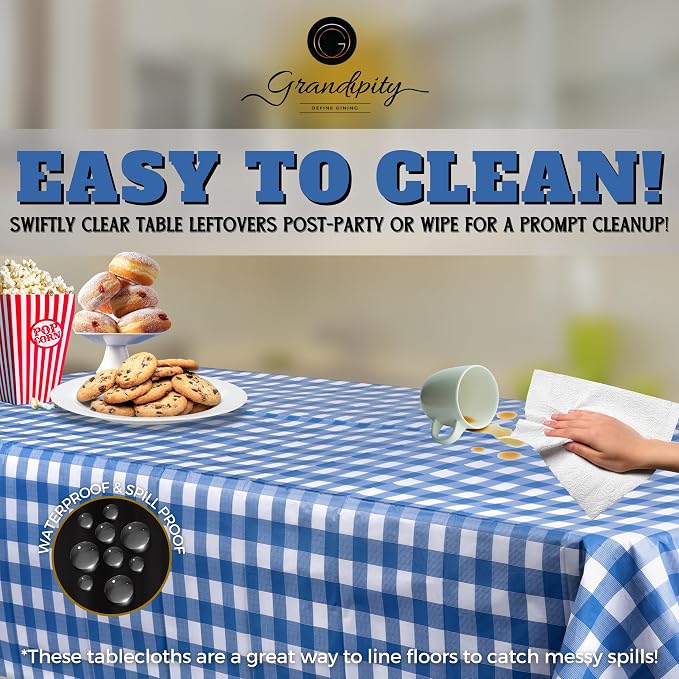 Grandipity Blue Gingham Checkered 72 Pack Premium Disposable Plastic Picnic Tablecloth 54 Inch. x 108 Inch. Decorative Rectangle Table Cover - Image 7