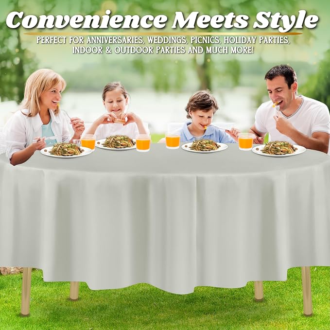 ZIMPLEWARE Light Grey Standard Disposable Plastic Party Tablecloth [Case of 72] 84 x 84” Round Table Cover for Indoor & Outdoor Use - Image 6