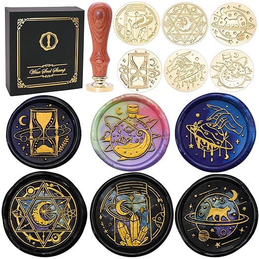 SWANGSA Magic Space Wax Seal Stamp Gift Box Set, Vintage 6 Sealing Stamp Heads + 1 Wooden Hilt, Wax Stamp Kit for Party Invitations, Envelops, Cards and Gift Packaging (Magic Space)