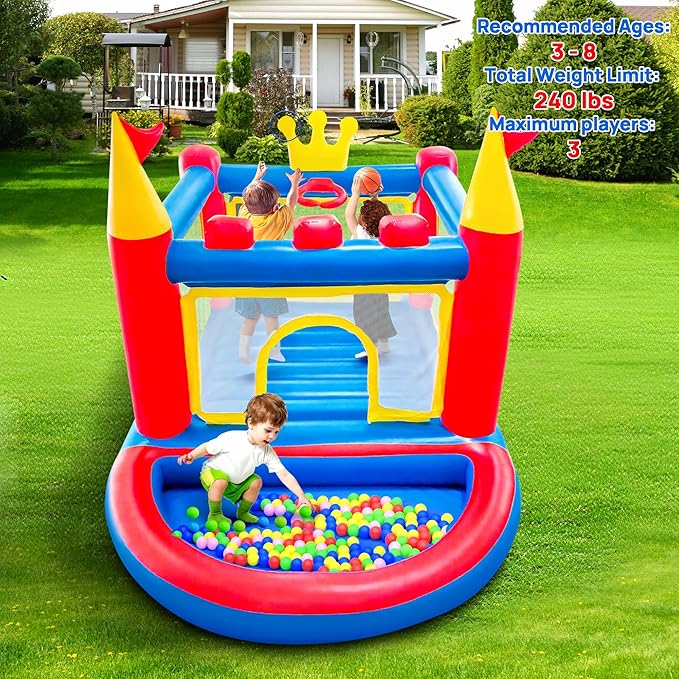 Inflatable Bounce House with Blower, PVC Bouncer for Kids Ages 3-8, Indoor and Outdoor Bouncy Playhouse, Jumping Castle with Pump, Ball Pit, Ringtoss and Target Game, Bouncer for 3 Kids