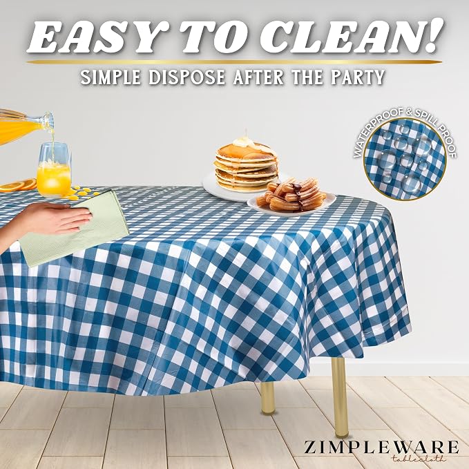 ZIMPLEWARE Blue Gingham Checkered 72 Pack Standard Disposable Plastic Party Picnic Tablecloth 84 Inch. x 84 Inch. Round Table Cover - Image 5