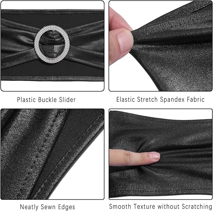 Dimatic 10 PCS Spandex Stretch Chair Sashes Bow Elastic Chair Cover Bands with Buckle Slider for Wedding, Banquet, Party, Hotel Event Decorations - Black - Image 4