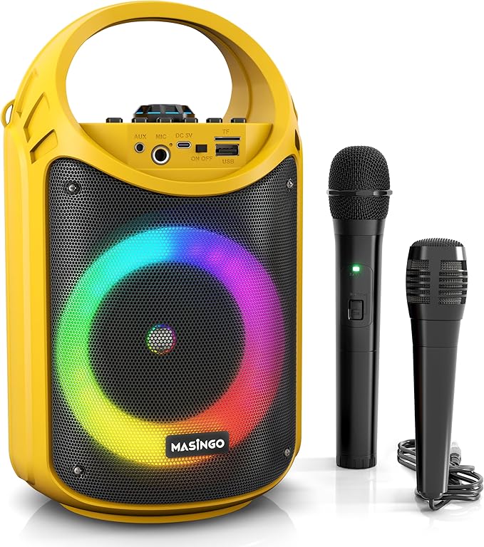 MASINGO Karaoke Machine for Kids and Adults with 1 Wireless Karaoke Microphone and 1 Wired Mic, PA Portable Speaker with LED Lights, Supports TF Card/USB, AUX/MIC in, TWS for Home Party, Burletta C10