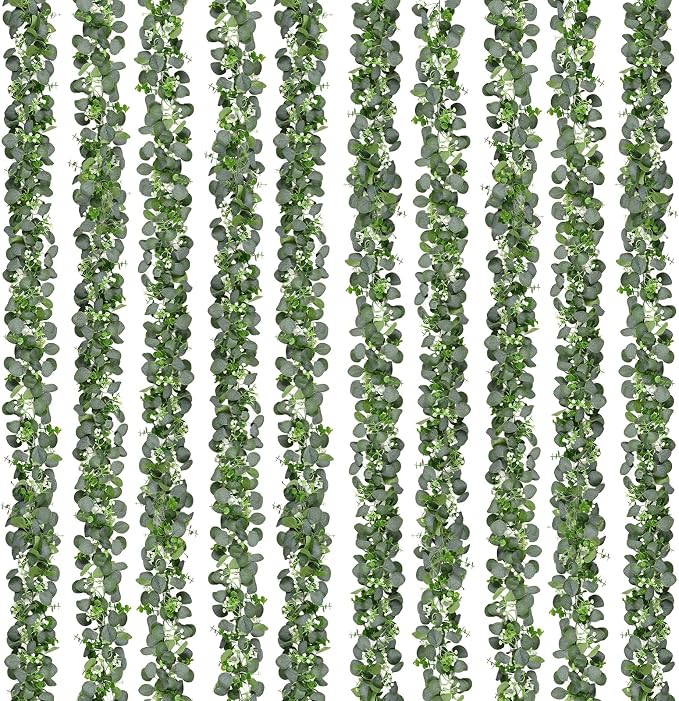 Dolicer 10 Packs 6FT Artificial Eucalyptus Garland Faux Greenery Garland | Fake Vines Hanging Silver Dollar Eucalyptus Leaves with White Seed for Wedding Backdrop Arch Table Wall Party Home Decor by DolicerLANDSCAPEQ
